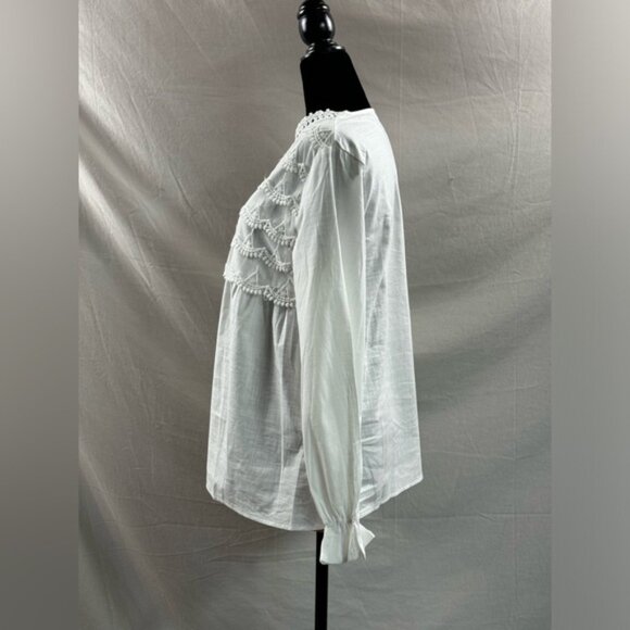 French Guipure Lace Trim Flare Sleeve Peplum Blouse - Picture 7 of 8